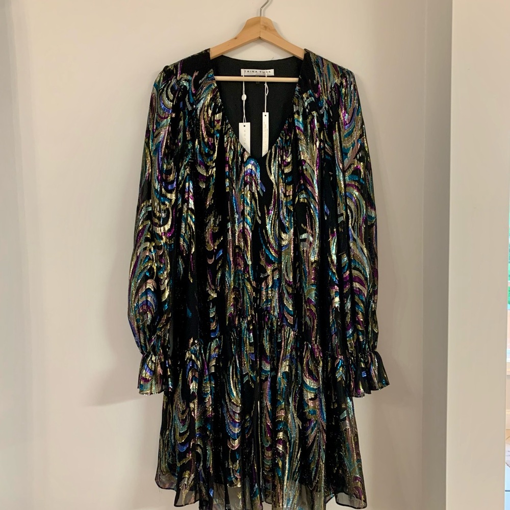 Trina Turk CELESTIAL Black and Vibrant Multicolor Long Sleeve Dress